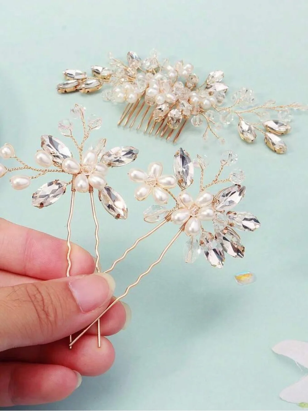 Gold Pearl & Crystal Bridal Hair Comb